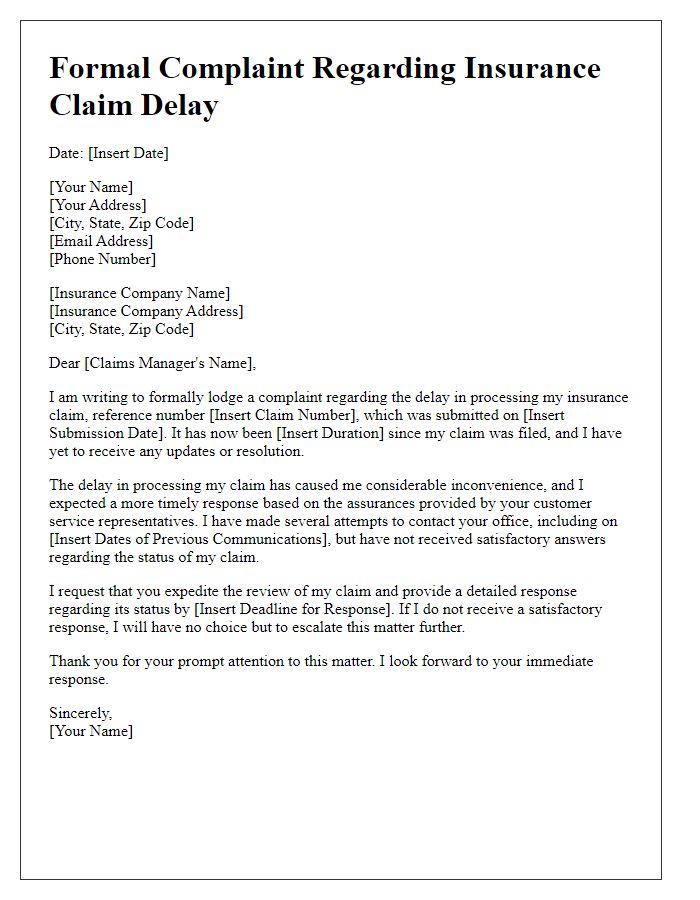 Letter template of formal complaint regarding insurance claim delay