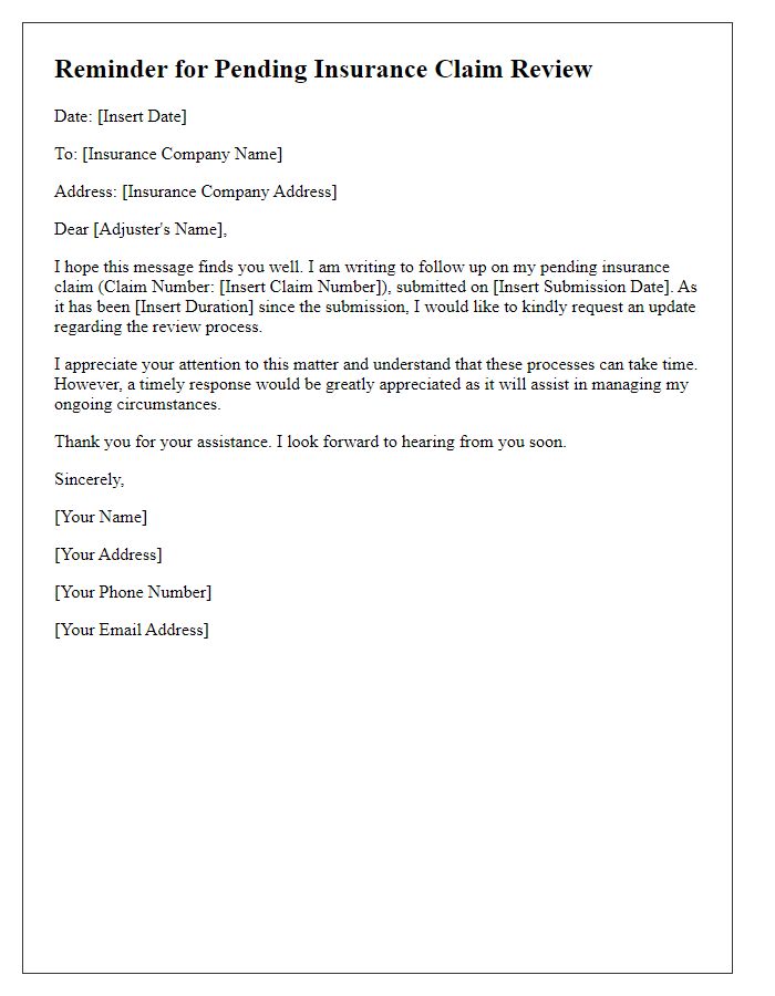 Letter template of reminder for pending insurance claim review