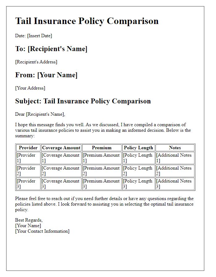 Letter template of tail insurance policy comparison