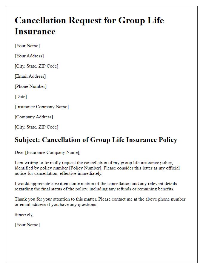 Letter template of group life insurance cancellation request.