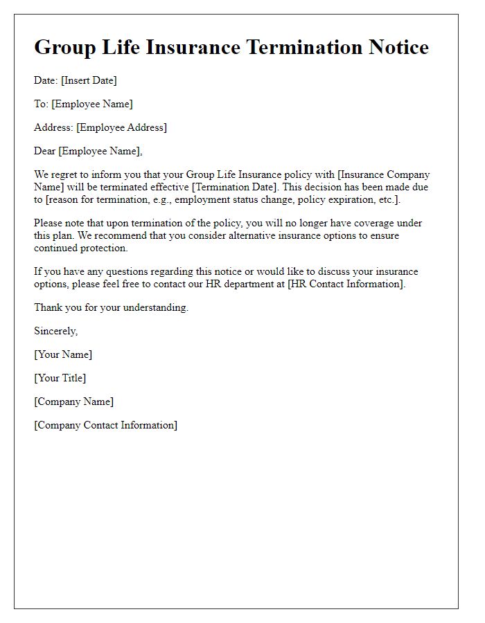 Letter template of group life insurance termination notice.