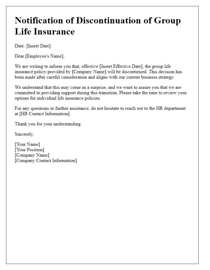 Letter template of notification for group life insurance discontinuation.