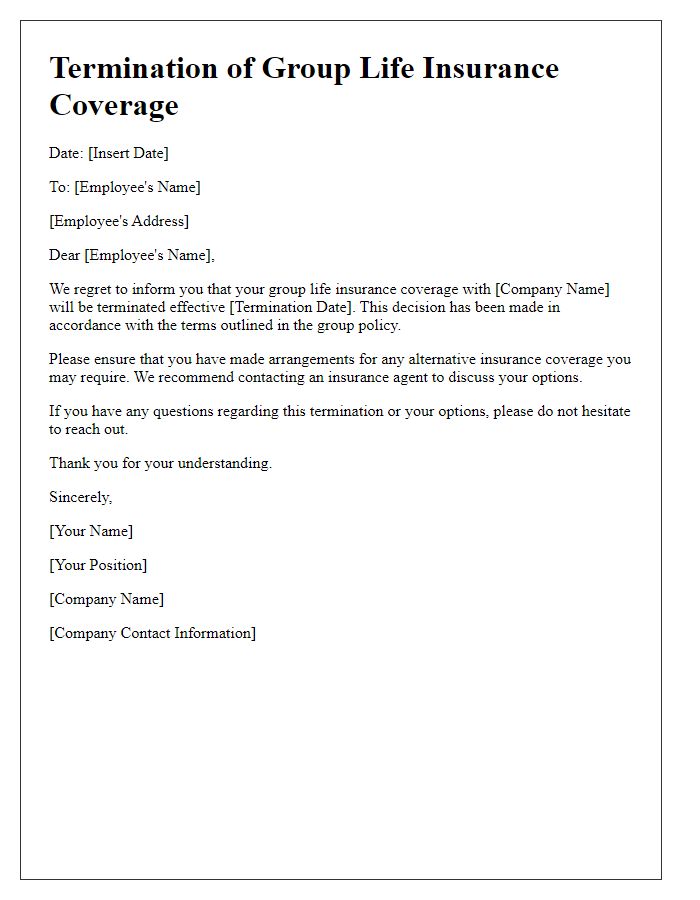 Letter template of termination of group life insurance coverage.