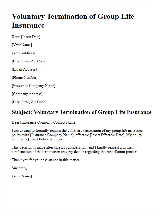 Letter template of voluntary termination of group life insurance.