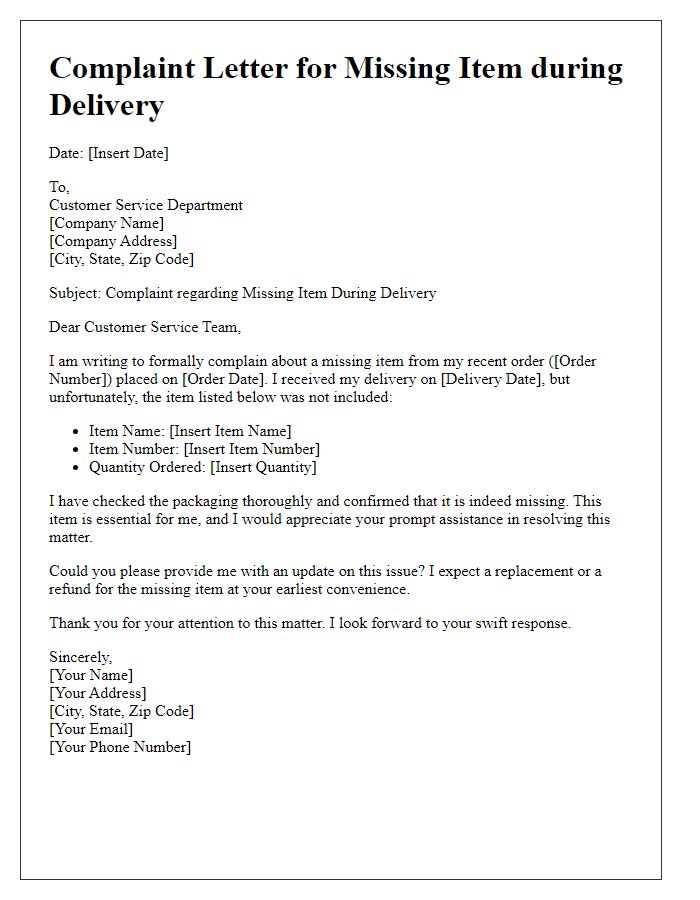 Letter template of complaint for missing item during delivery