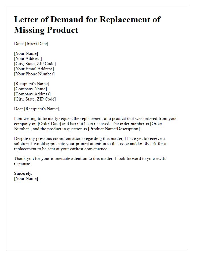 Letter template of demand for replacement of missing product