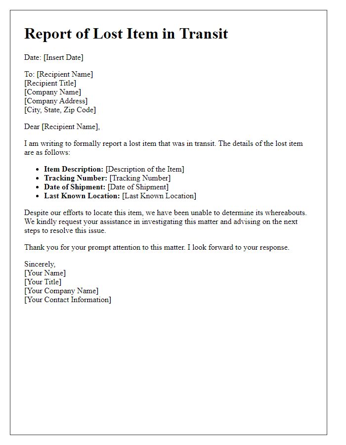 Letter template of report for lost item in transit