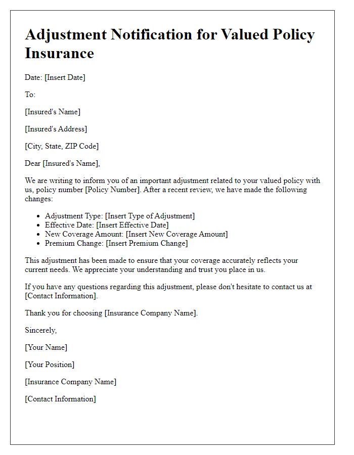 Letter template of adjustment notification for valued policy insurance