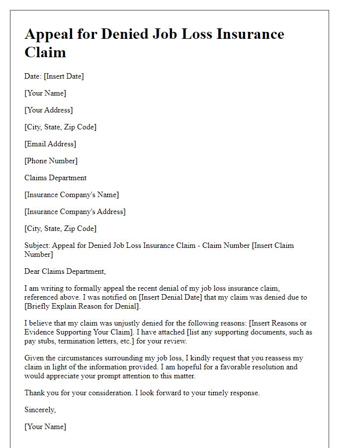 Letter template of Appeal for Denied Job Loss Insurance Claim