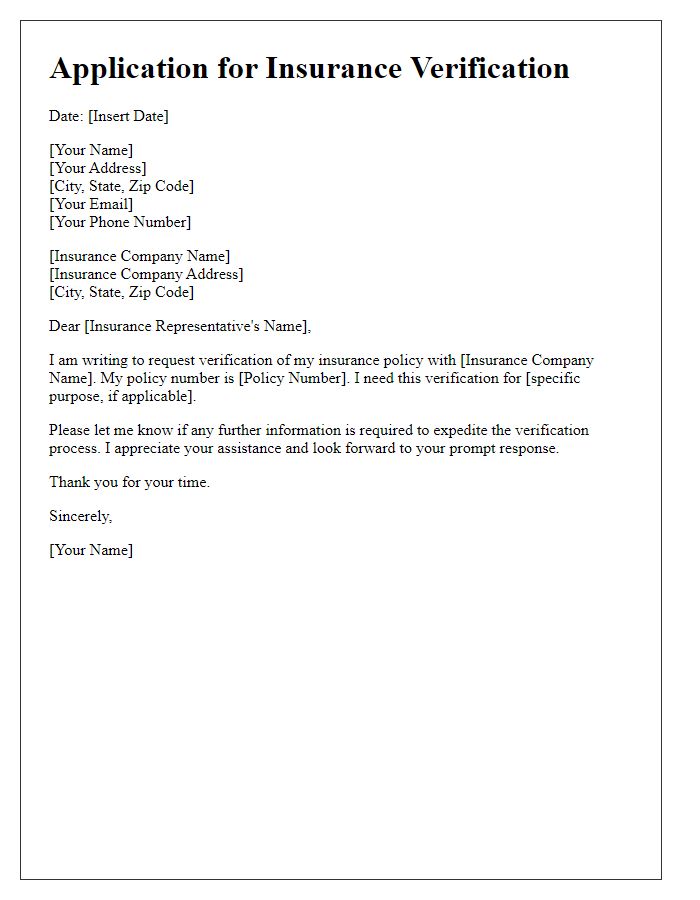 Letter template of application for insurance verification process