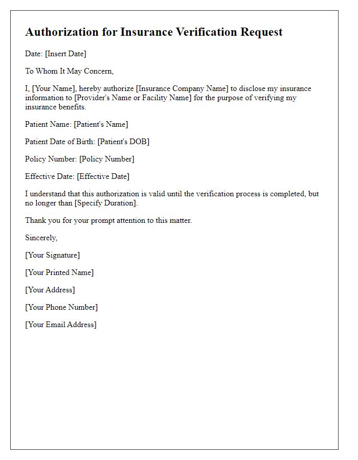 Letter template of authorization for insurance verification request