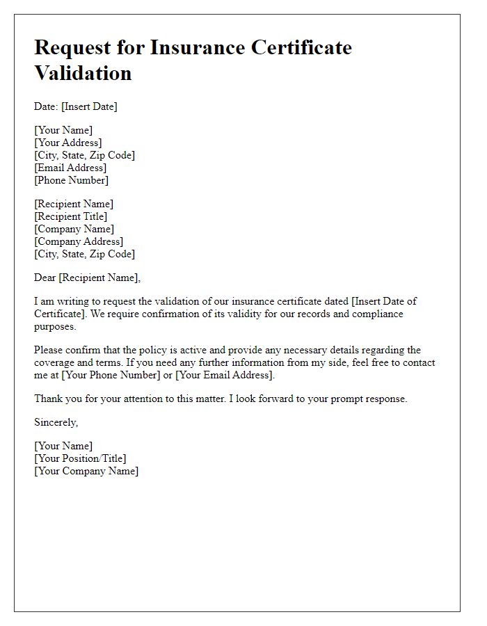 Letter template of request for insurance certificate validation