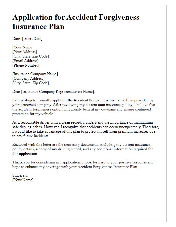 Letter template of application for accident forgiveness insurance plan