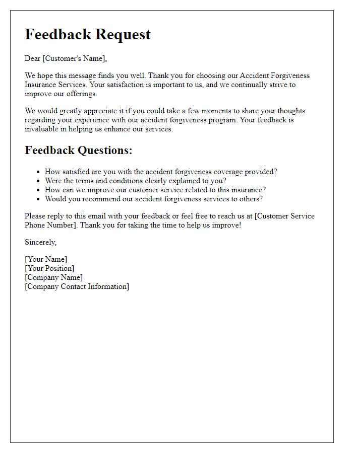 Letter template of feedback request for accident forgiveness insurance services