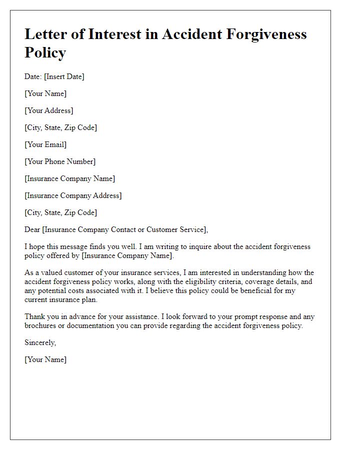 Letter template of interest in accident forgiveness policy information