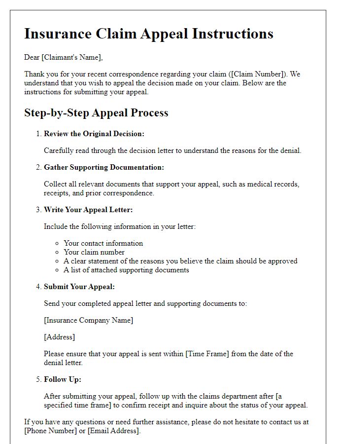 Letter template of insurance claim appeal instructions