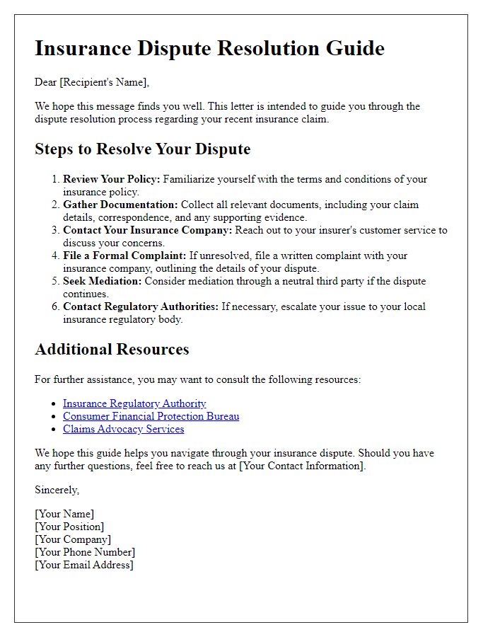 Letter template of insurance dispute resolution guide