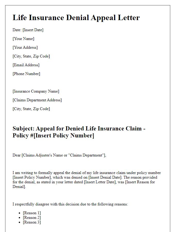 Letter template of life insurance denial appeal guide