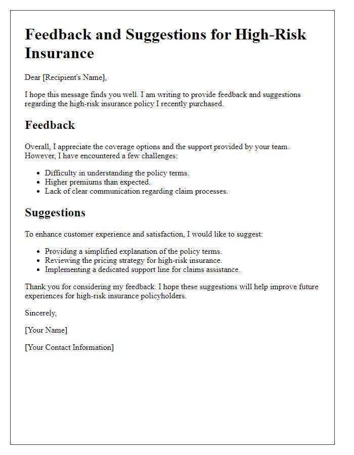 Letter template of high-risk insurance feedback and suggestions