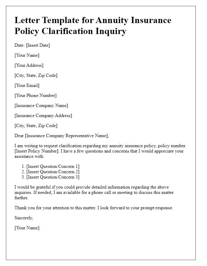 Letter template of annuity insurance policy clarification inquiry