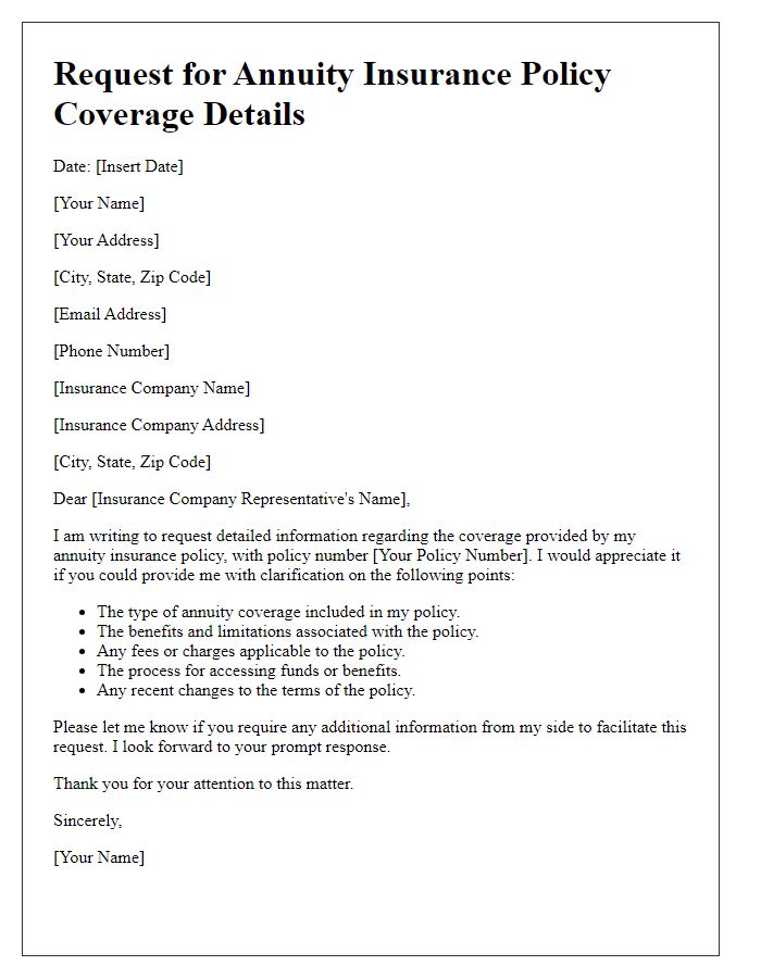 Letter template of annuity insurance policy coverage details request