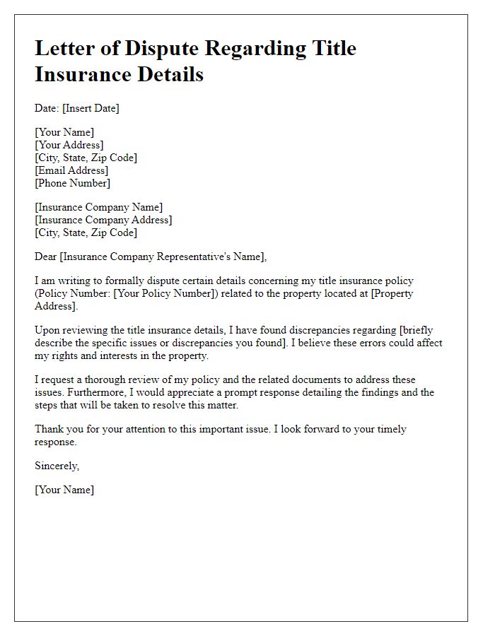 Letter template of dispute concerning title insurance details