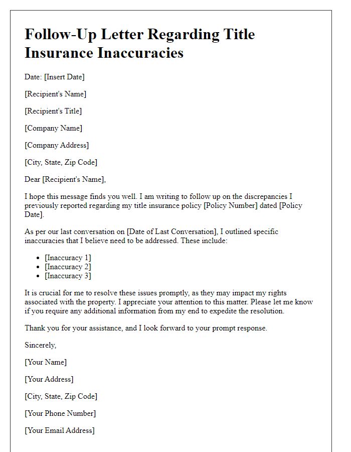 Letter template of follow-up on title insurance inaccuracies