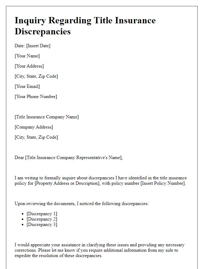 Letter template of inquiry regarding title insurance discrepancies