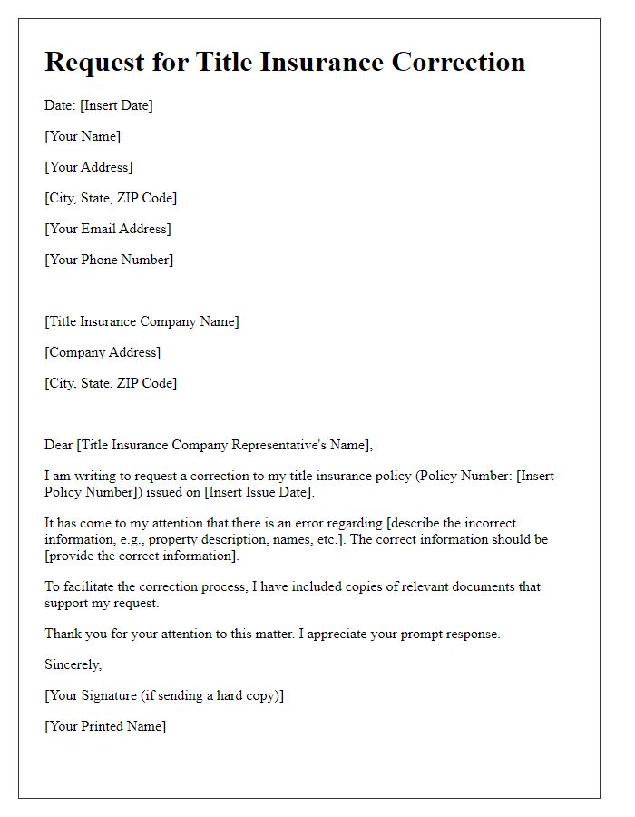 Letter template of request for title insurance correction