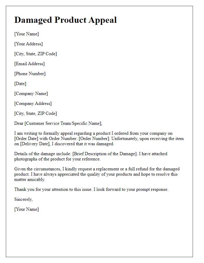 Letter template of damaged product appeal