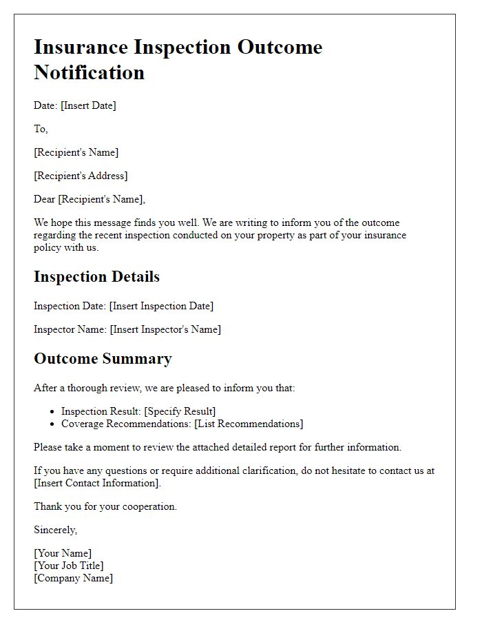 Letter template of insurance inspection outcome notification