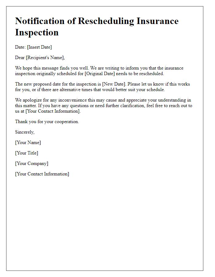 Letter template of rescheduling insurance inspection notification