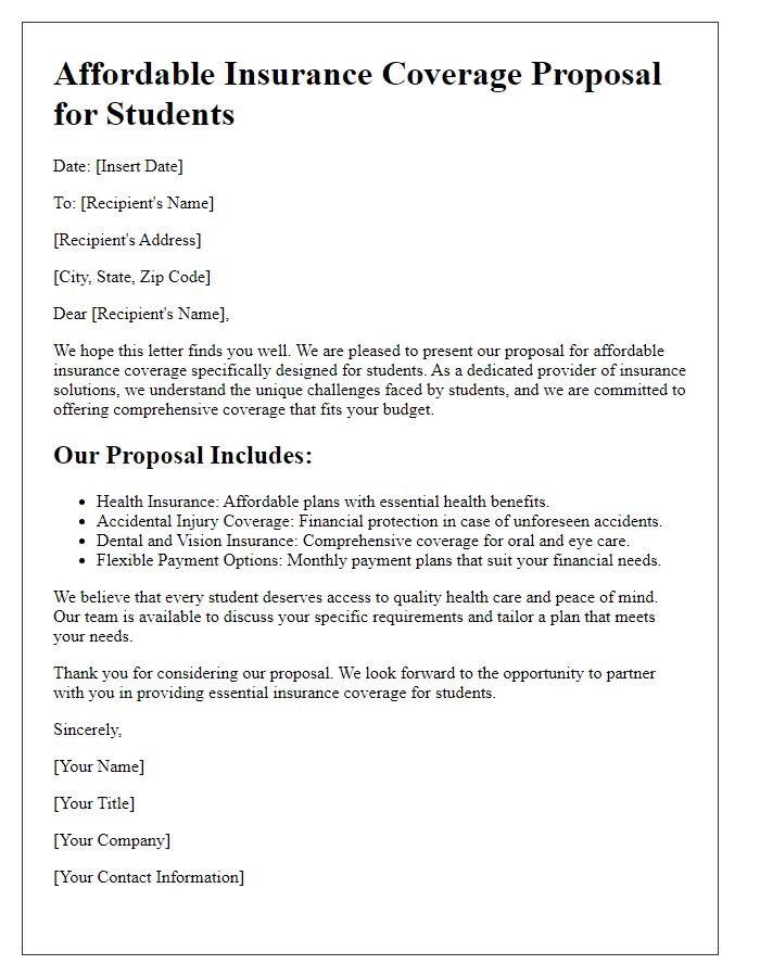 Letter template of affordable insurance coverage proposal for students.