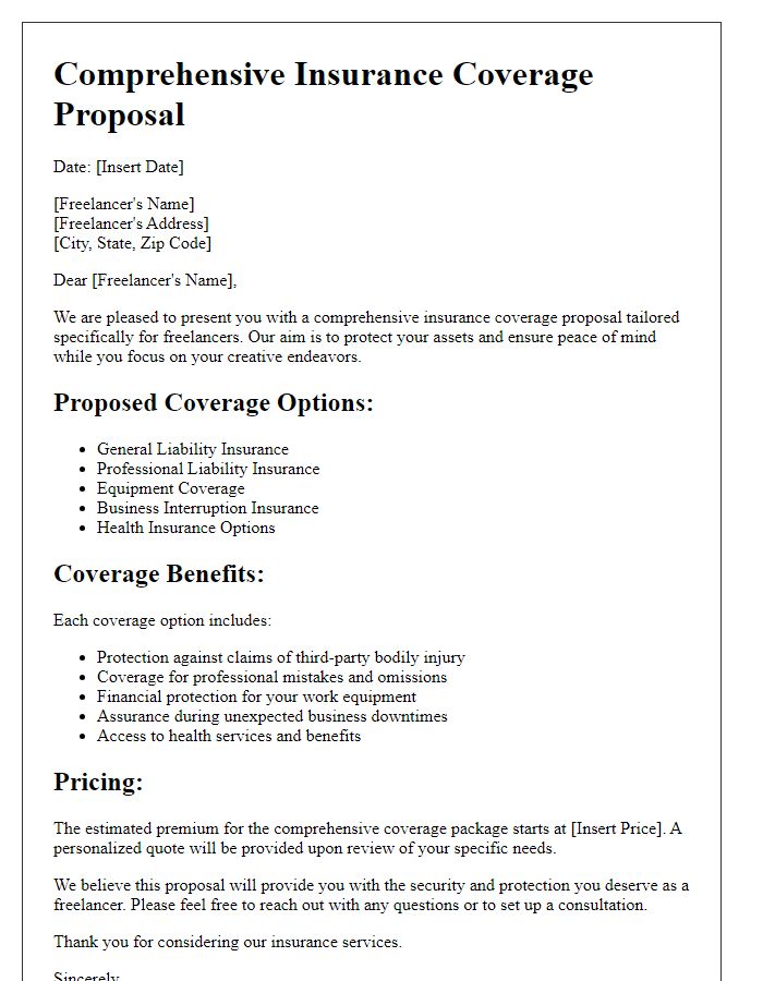 Letter template of comprehensive insurance coverage proposal for freelancers.