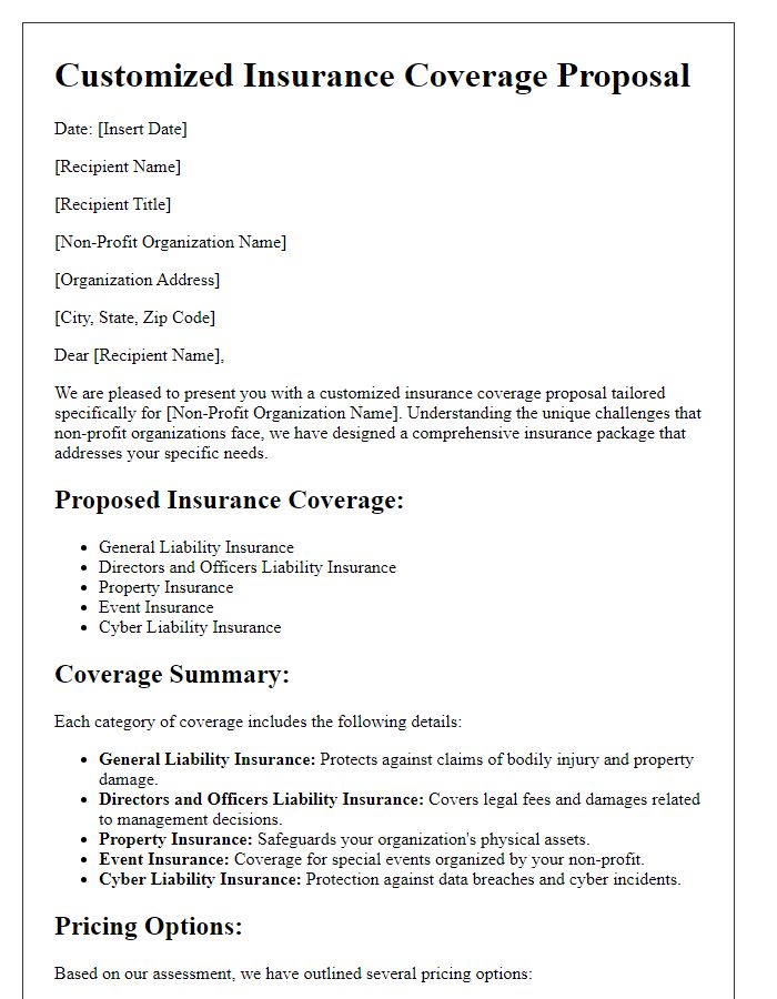 Letter template of customized insurance coverage proposal for non-profits.