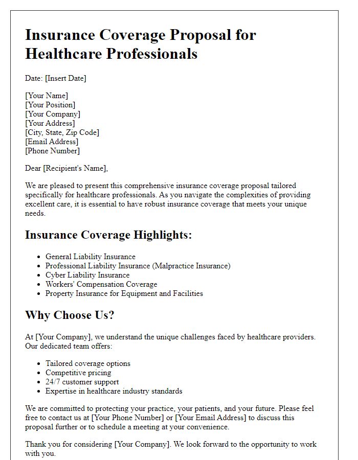 Letter template of extensive insurance coverage proposal for healthcare professionals.