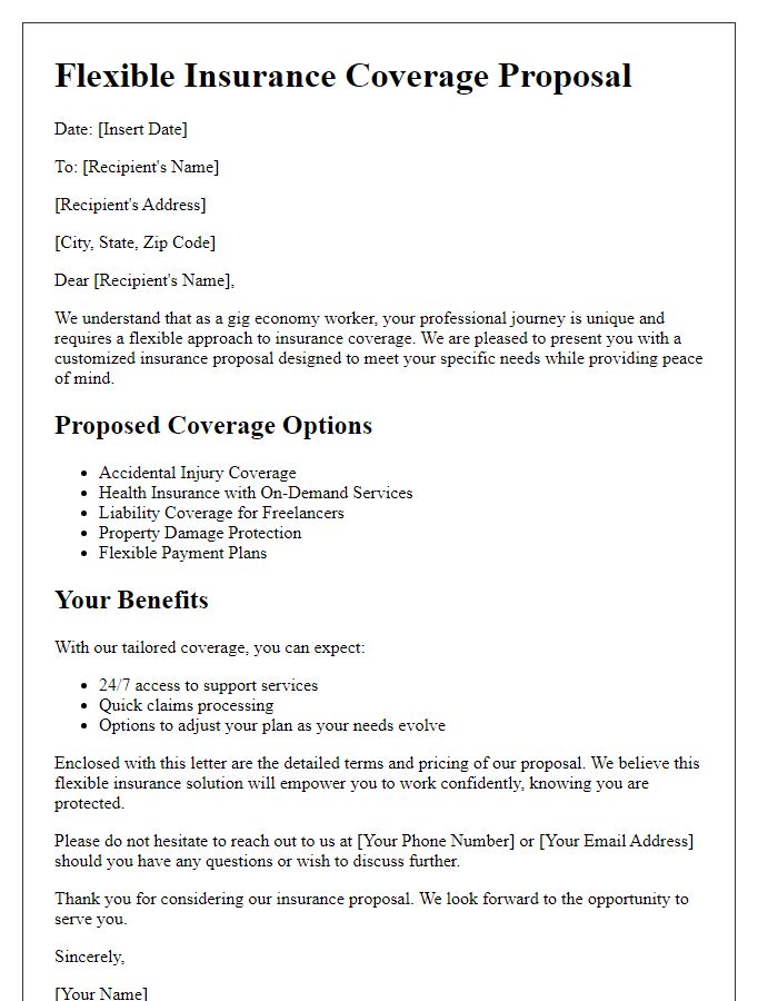 Letter template of flexible insurance coverage proposal for gig economy workers.