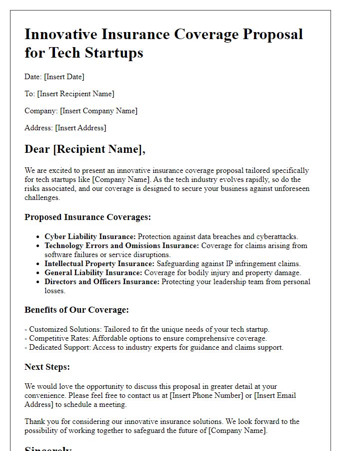 Letter template of innovative insurance coverage proposal for tech startups.