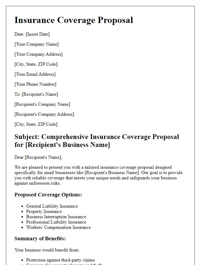 Letter template of insurance coverage proposal for small businesses.