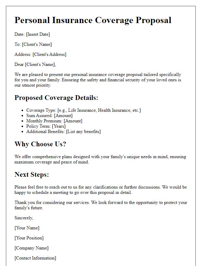 Letter template of personal insurance coverage proposal for families.