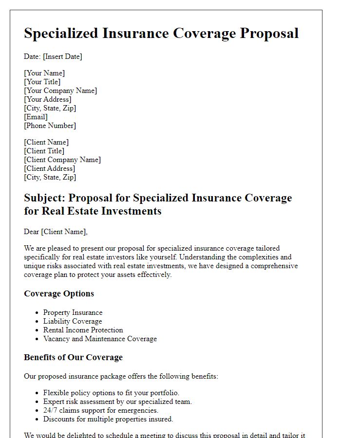 Letter template of specialized insurance coverage proposal for real estate investors.