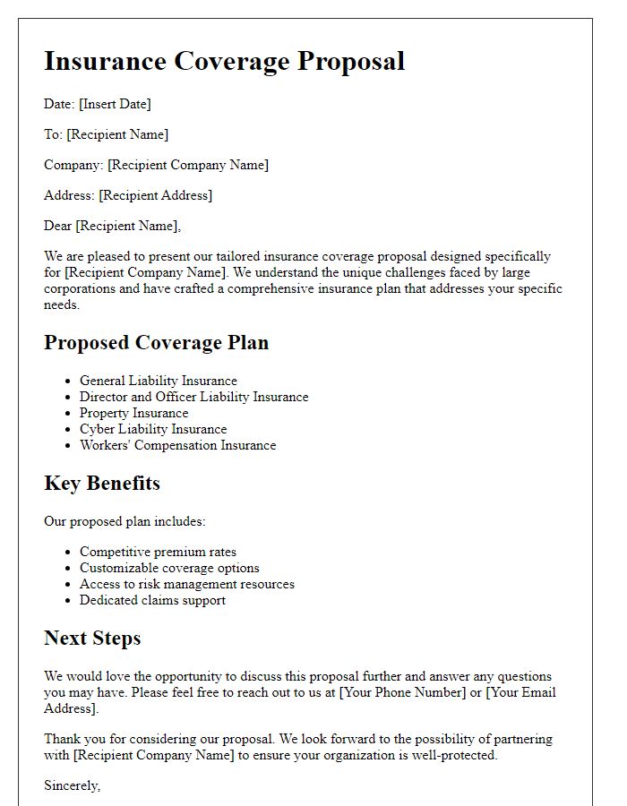 Letter template of tailored insurance coverage proposal for large corporations.