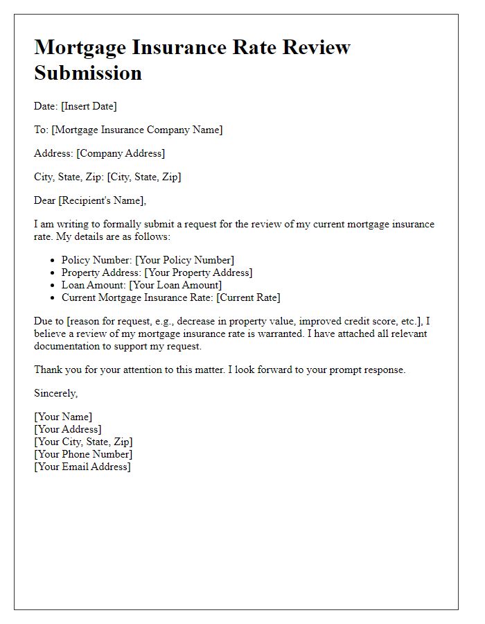 Letter template of submission for mortgage insurance rate review