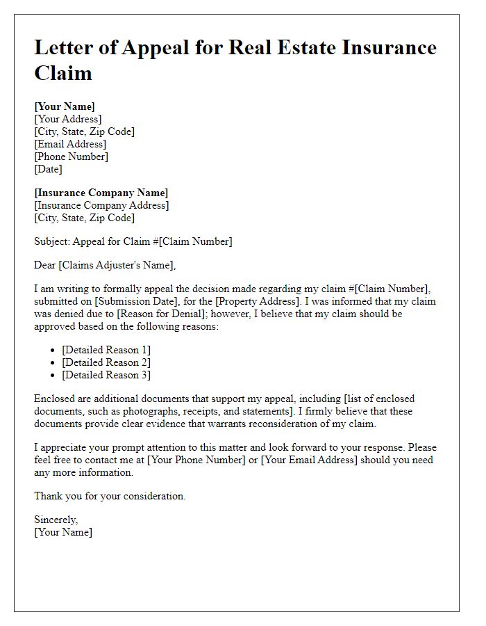 Letter template of appeal for real estate insurance claim