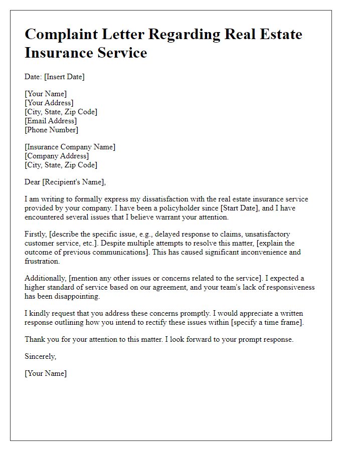 Letter template of complaint regarding real estate insurance service