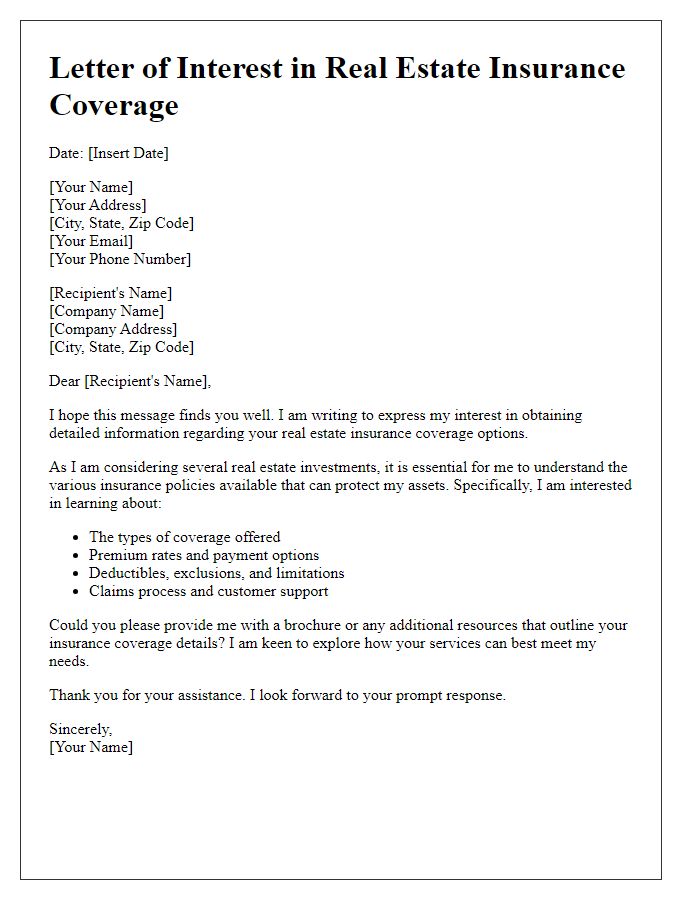 Letter template of interest in real estate insurance coverage details