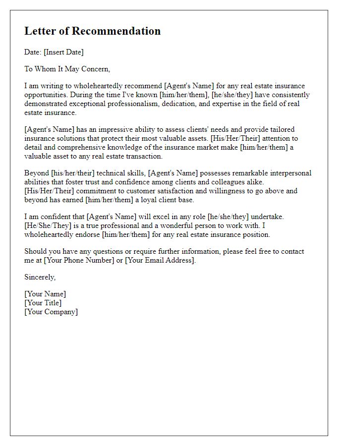 Letter template of recommendation for real estate insurance agent