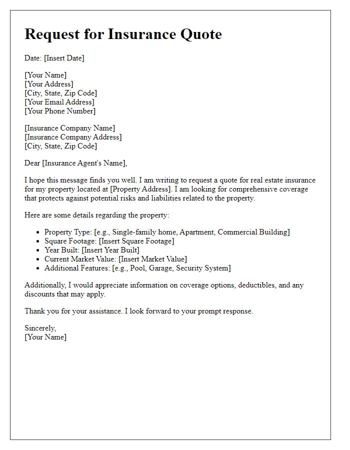 Letter template of request for real estate insurance quote