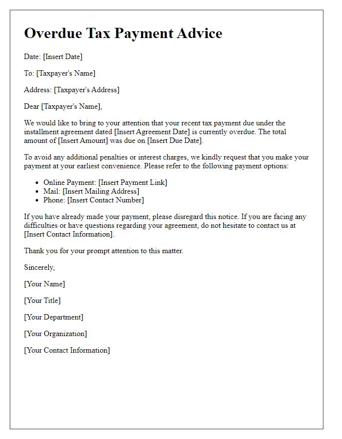 Letter template of overdue tax payment advice for installment agreements.