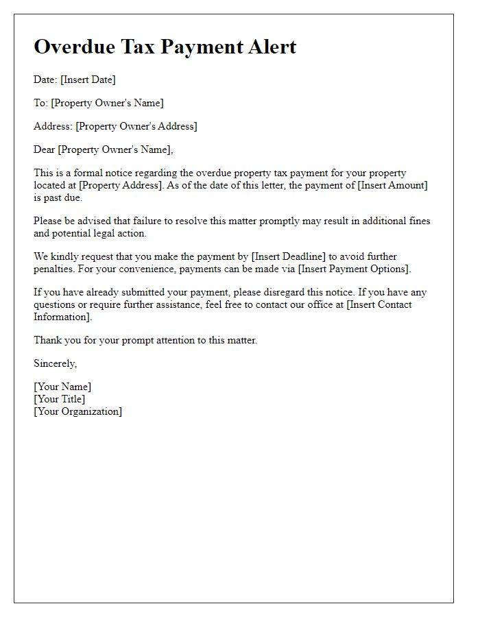 Letter template of overdue tax payment alert for property owners.